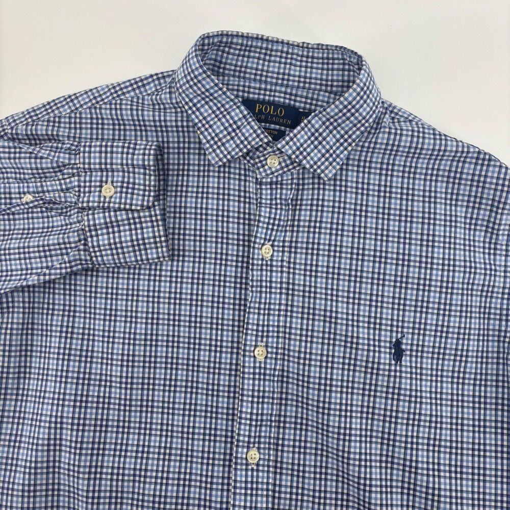 Polo Ralph Lauren Button Down Shirt Mens XL Blue Gingham Check Stretch Pony Logo